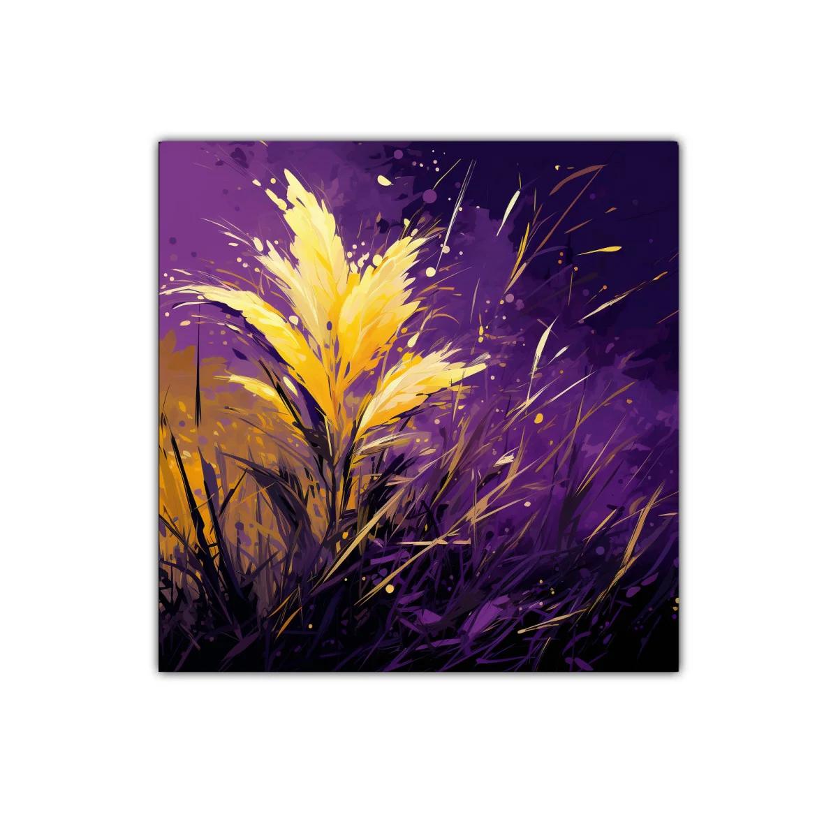 Cuadro decorativo con flores doradas en fondo púrpura intenso