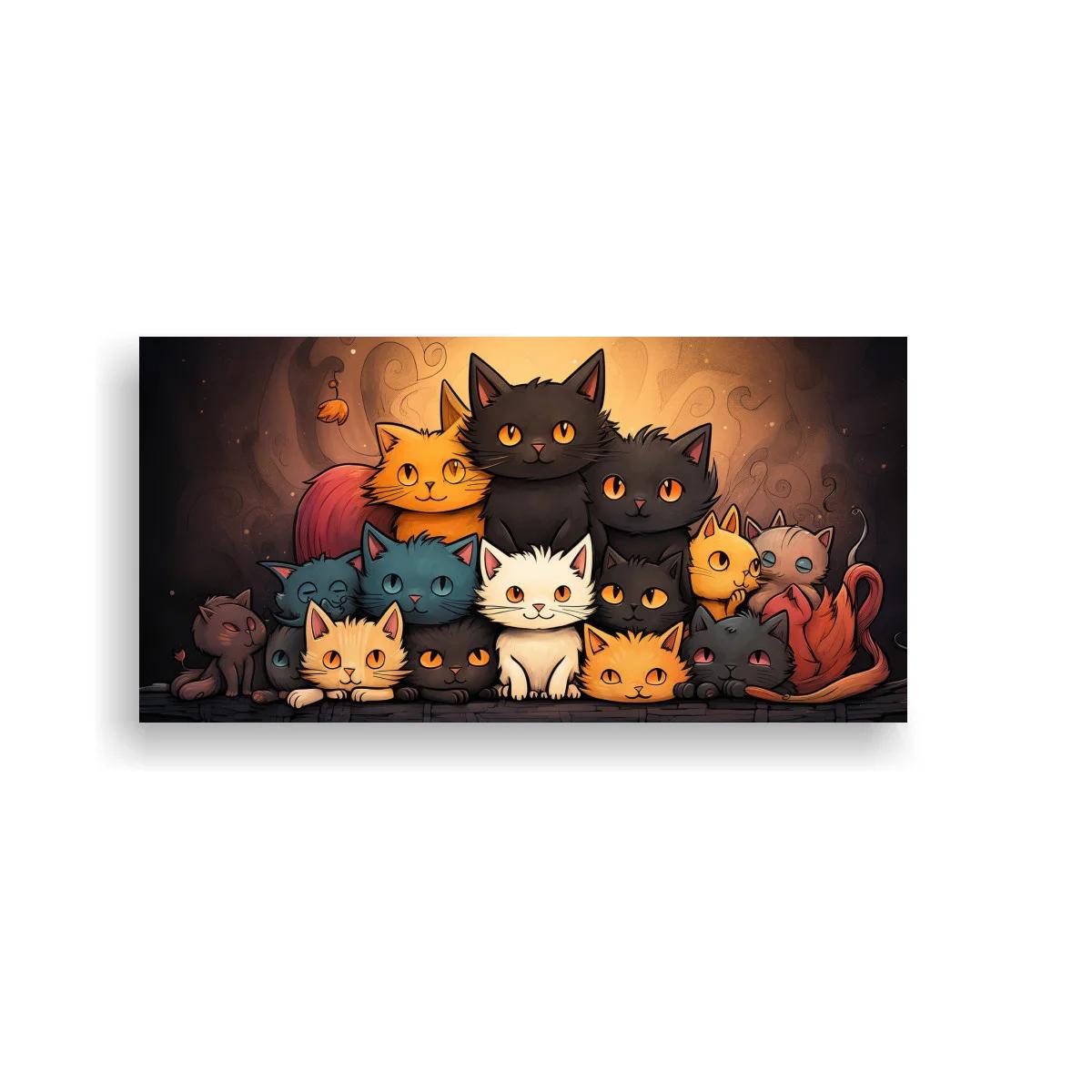 Cuadro grupo de gatos con gatito blanco y remolinos decorativos