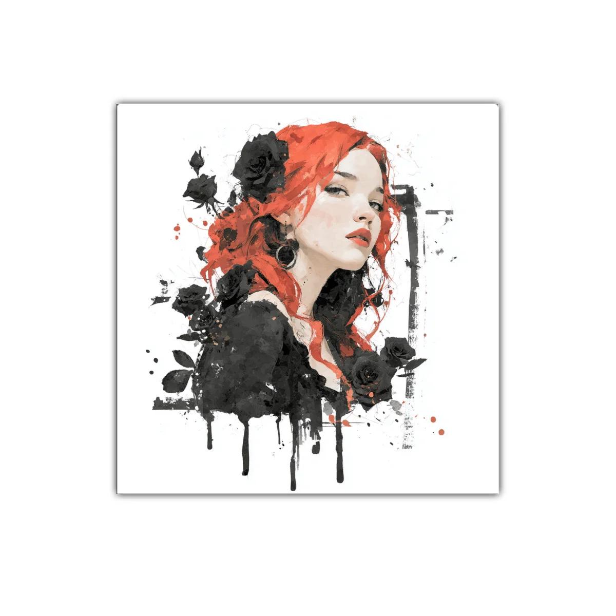 Retrato femenino con rosas negras y cabello rojo vibrante — imagen principal