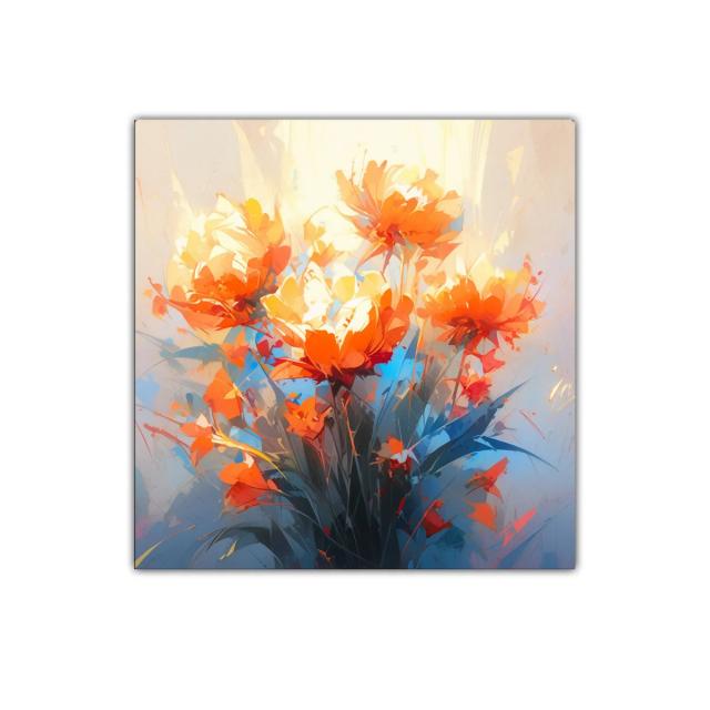 Cuadro decorativo con vibrantes flores naranjas y azules