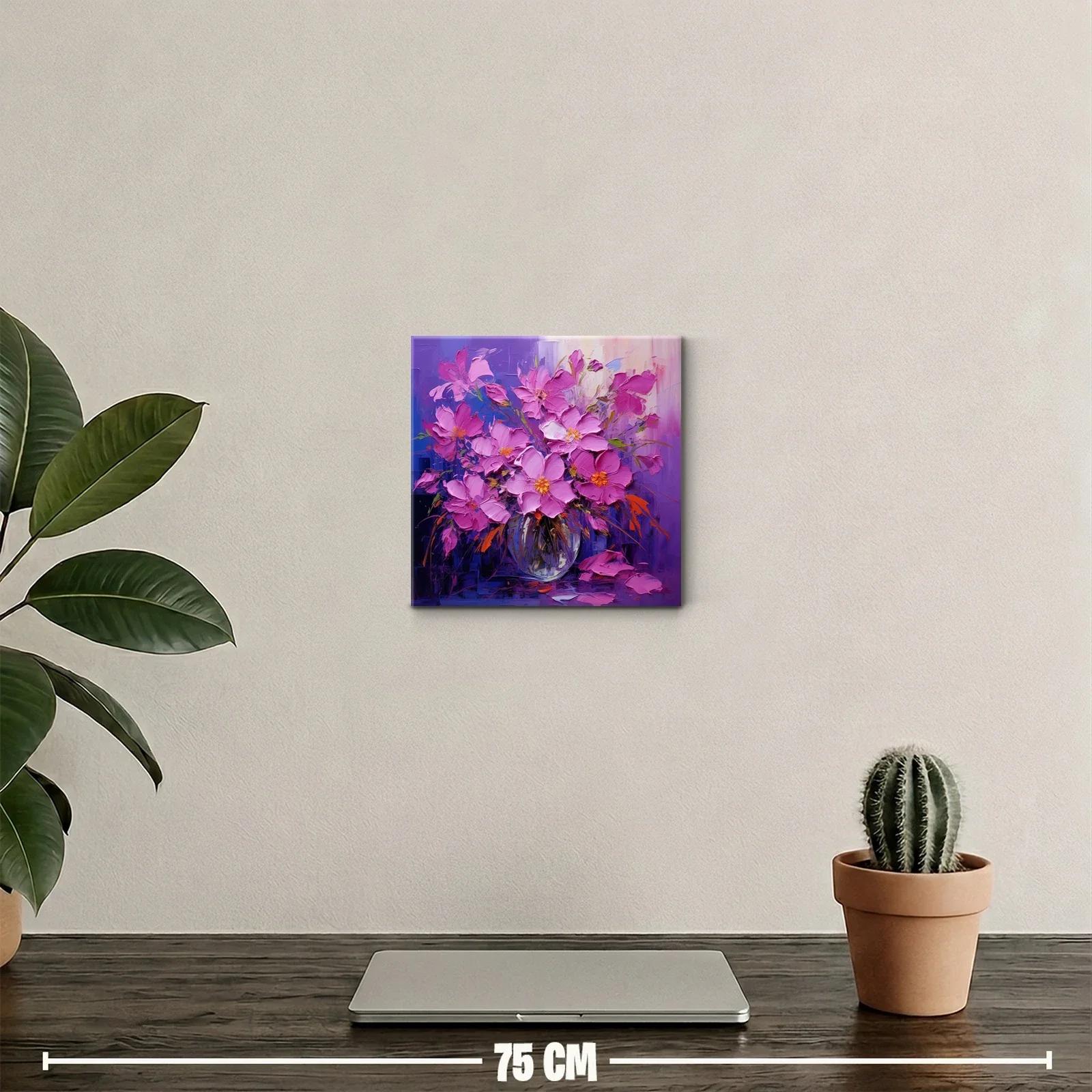 Cuadro floral vibrante con flores rosadas y fondo púrpura — miniatura 2