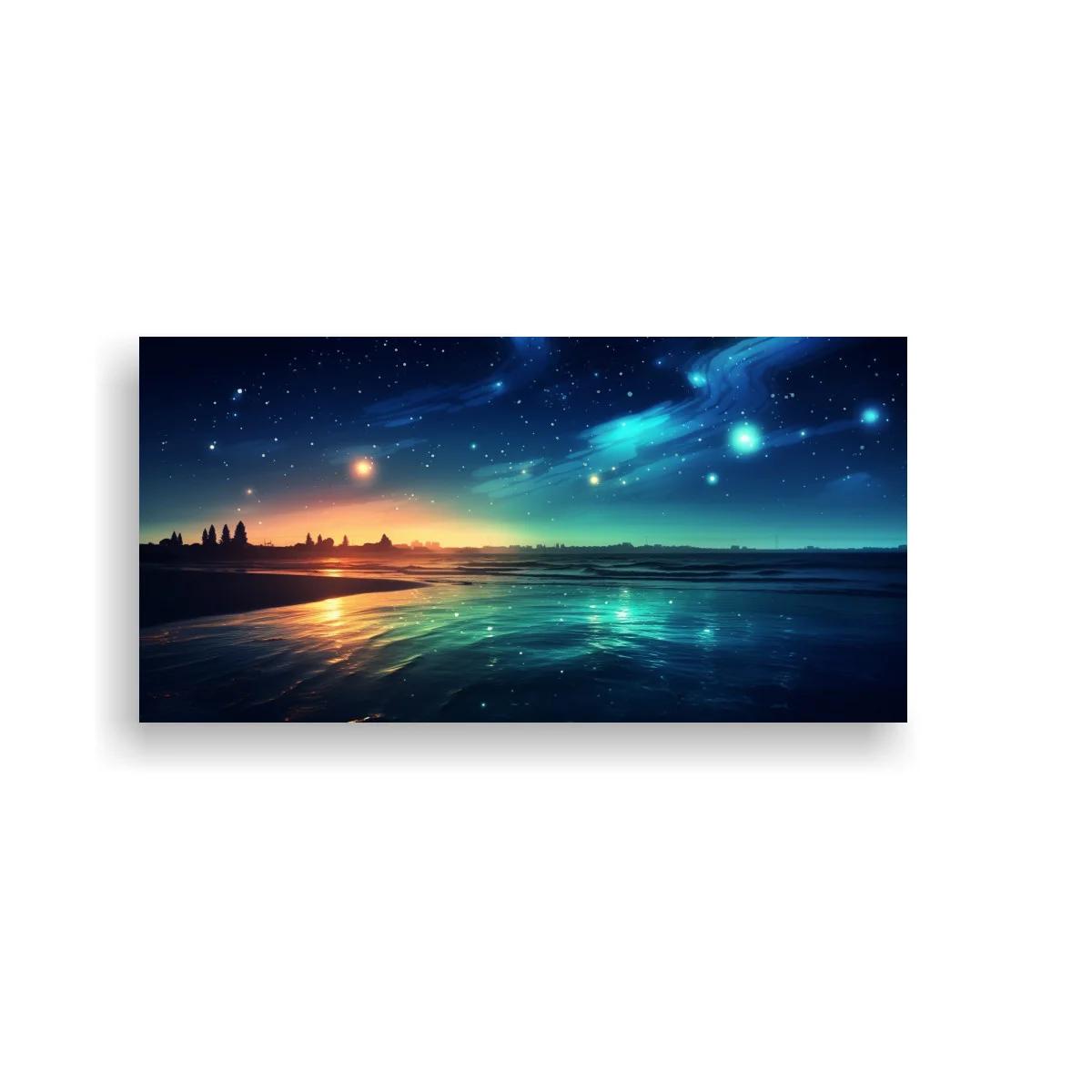 Cuadro paisaje marino nocturno con luces celestes brillantes