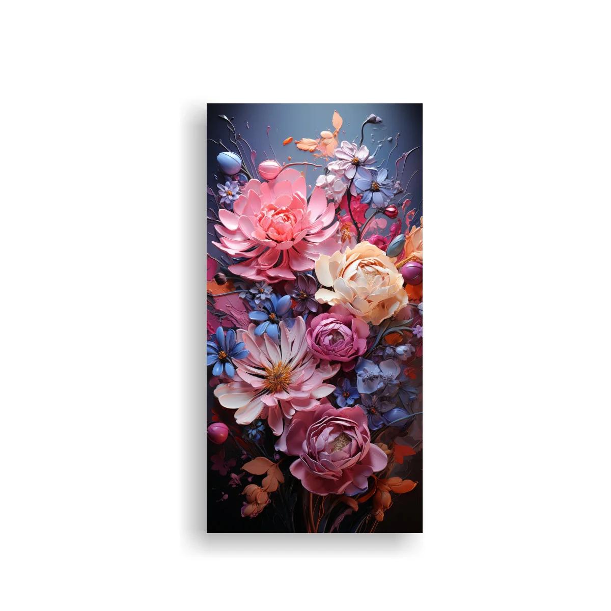 Cuadro ramo de peonías rosas y crema con flores azules