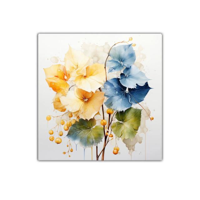 Arte floral con hojas en tonos cálidos y azul profundo