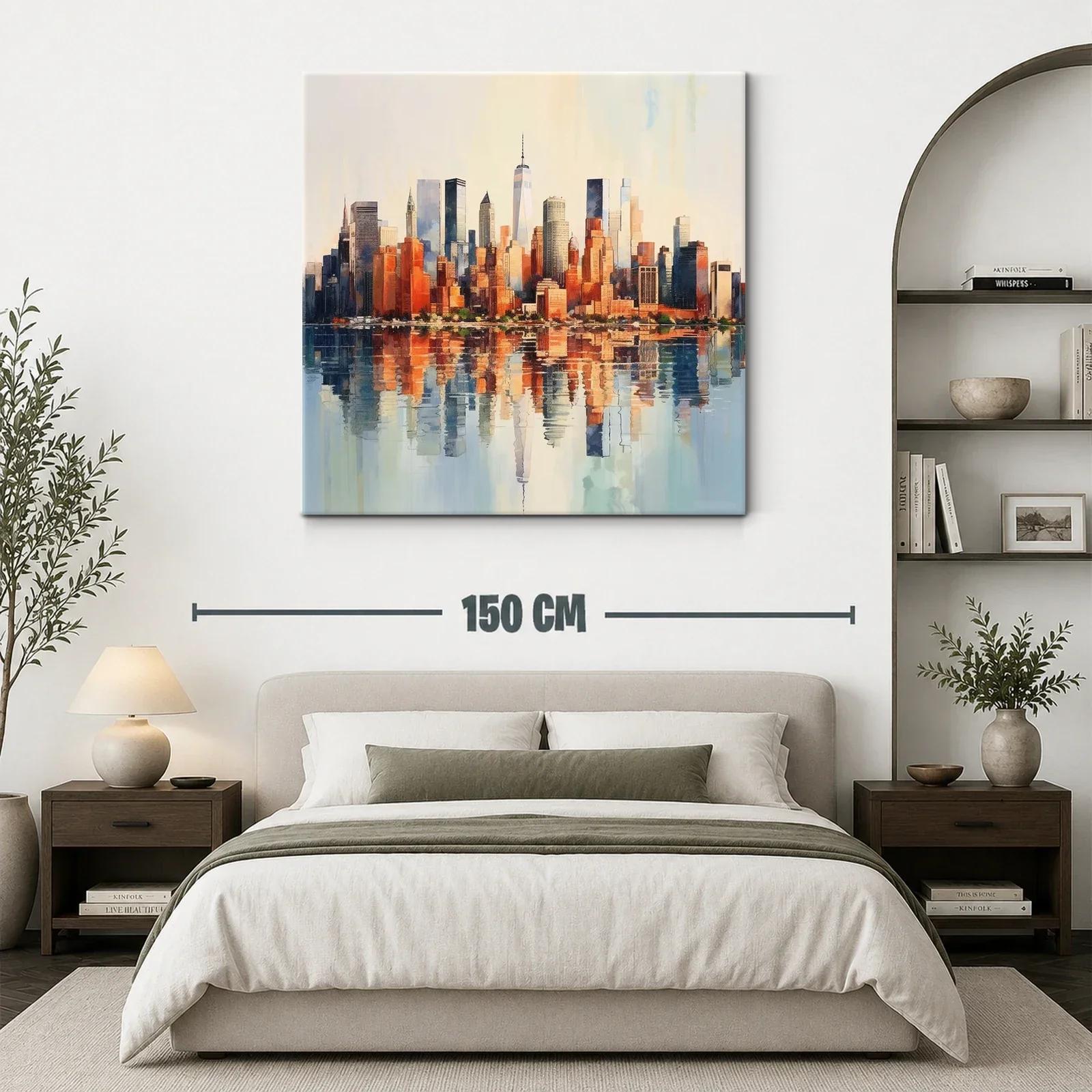 Atardecer sobre el horizonte urbano con reflejo en agua — miniatura 3