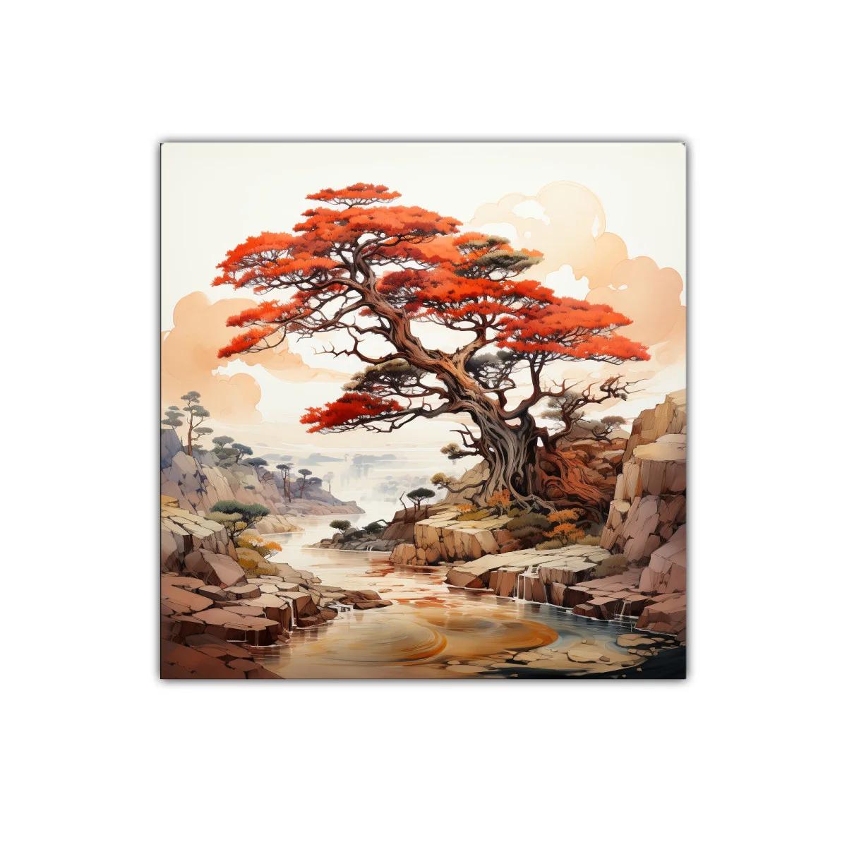 Árbol rojizo en paisaje sereno y rocoso — imagen principal