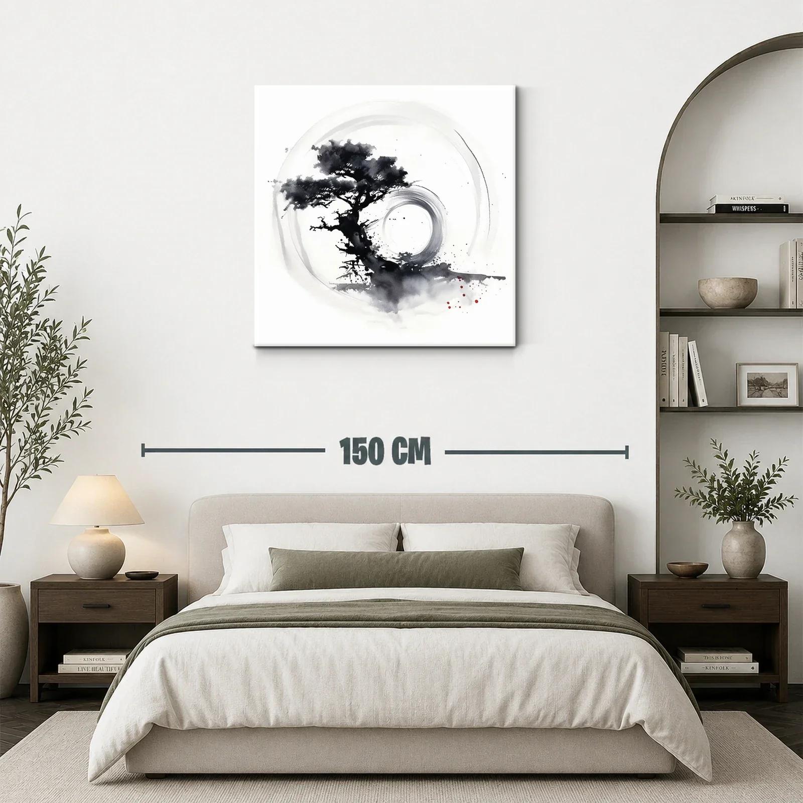 Cuadro árbol zen con círculo en tinta monocroma — miniatura 3