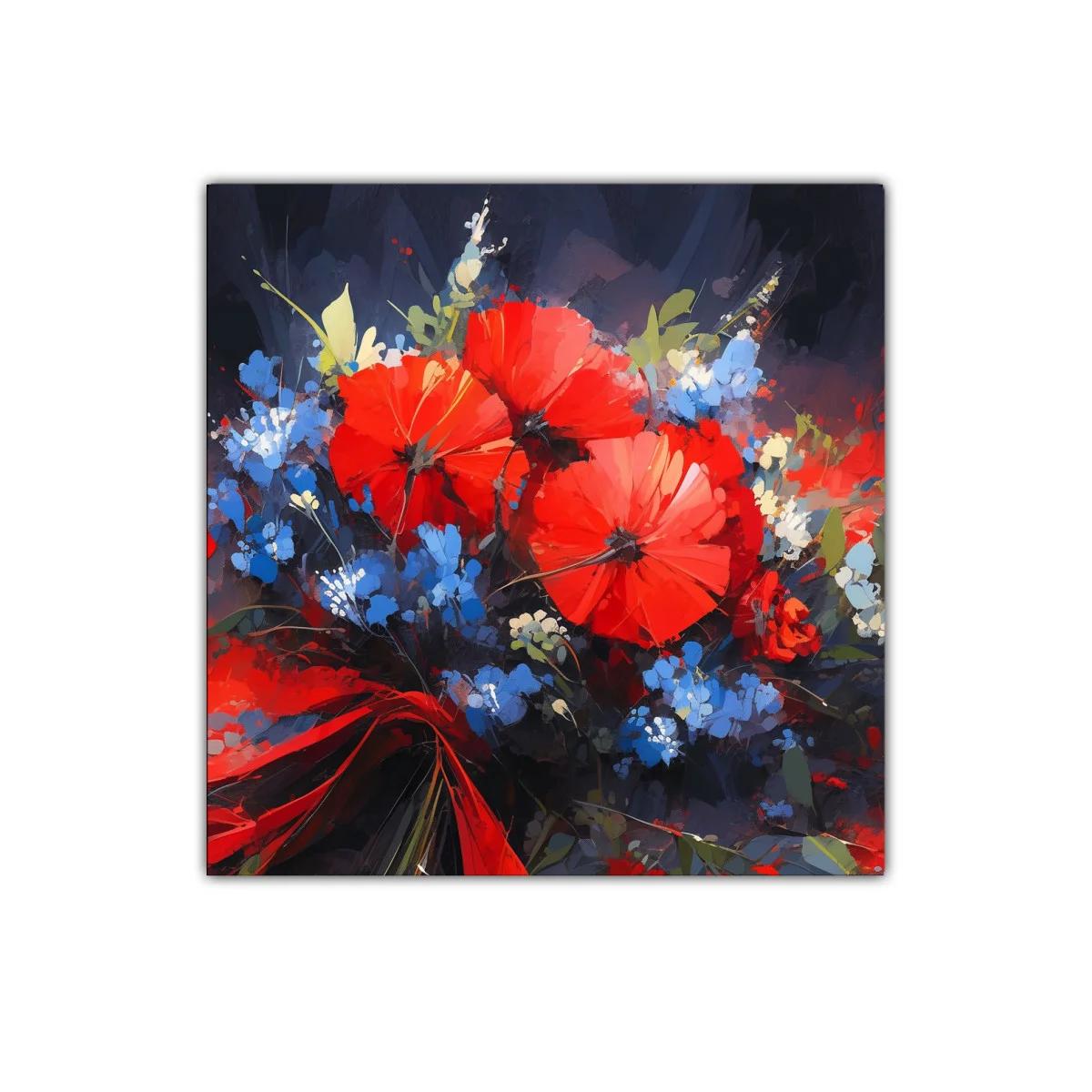 Llamativo ramo floral con amapolas rojas y flores azules — imagen principal