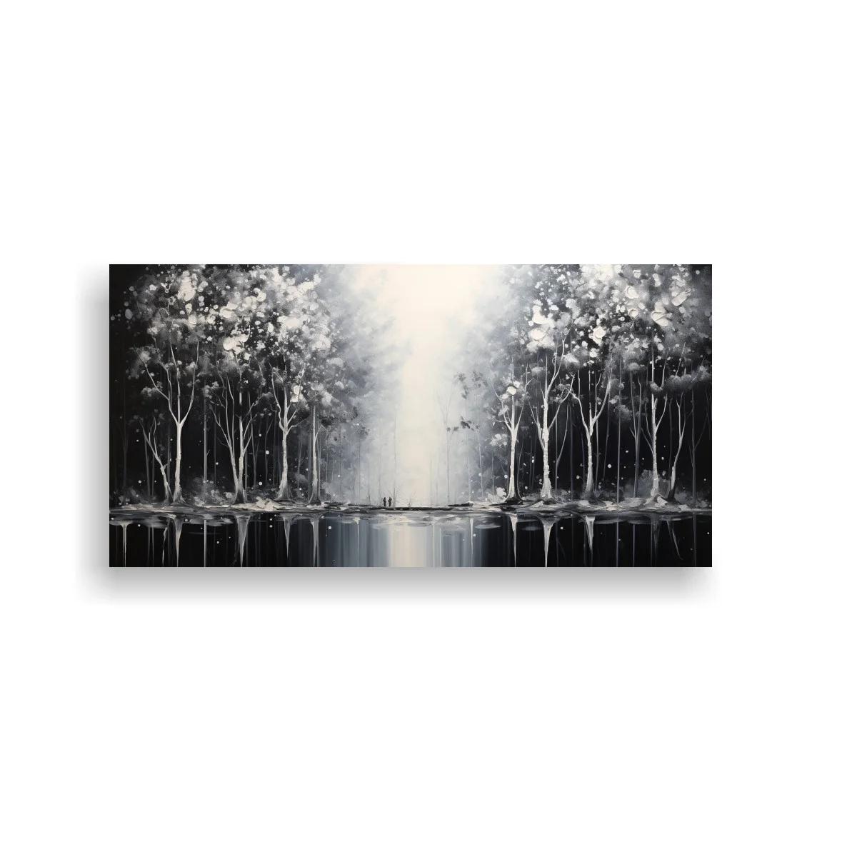 Cuadro bosque de árboles delgados con reflejo en agua