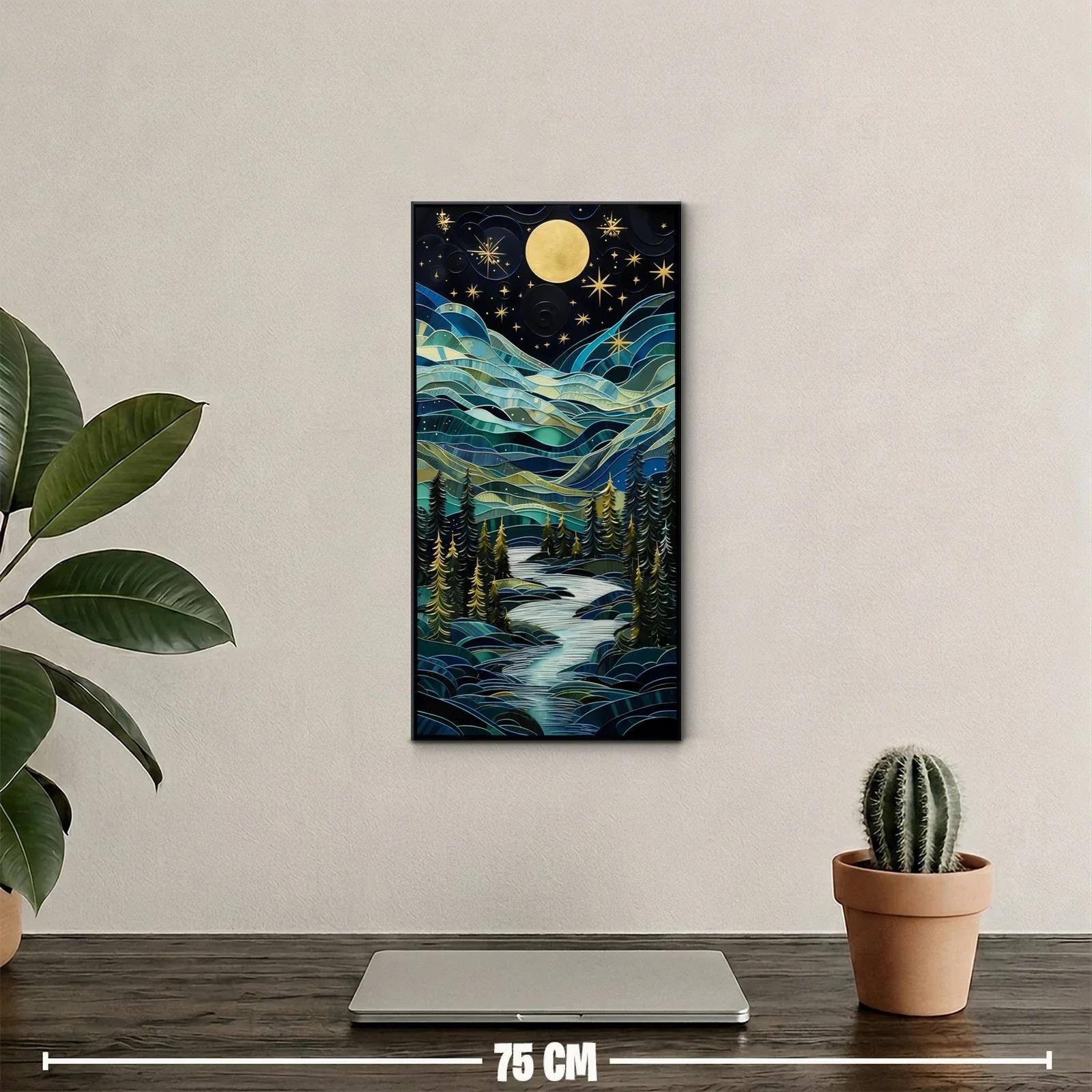Cuadro paisaje nocturno de montaña con luna llena y río sinuoso — miniatura 2