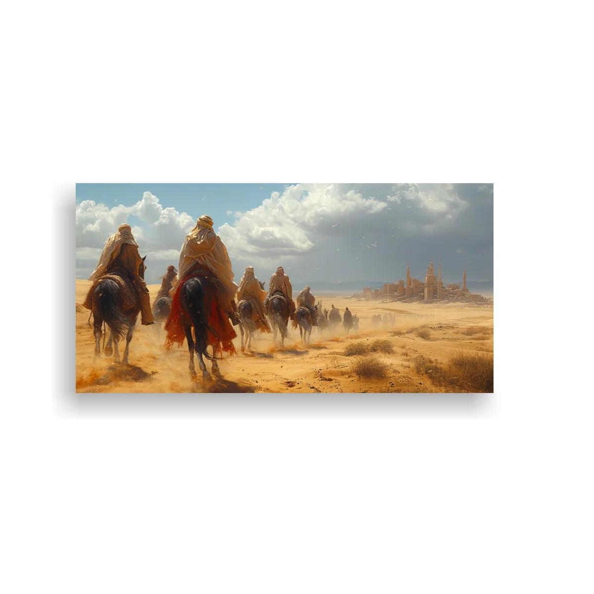 Cuadro caravana de camellos en el desierto con sendero polvoriento