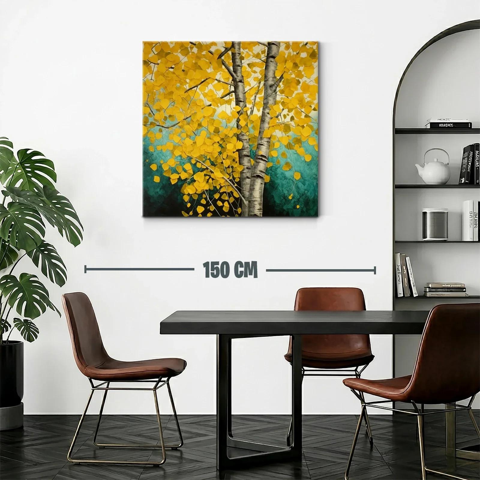 Árbol de hojas doradas con tronco plateado en fondo turquesa — miniatura 2