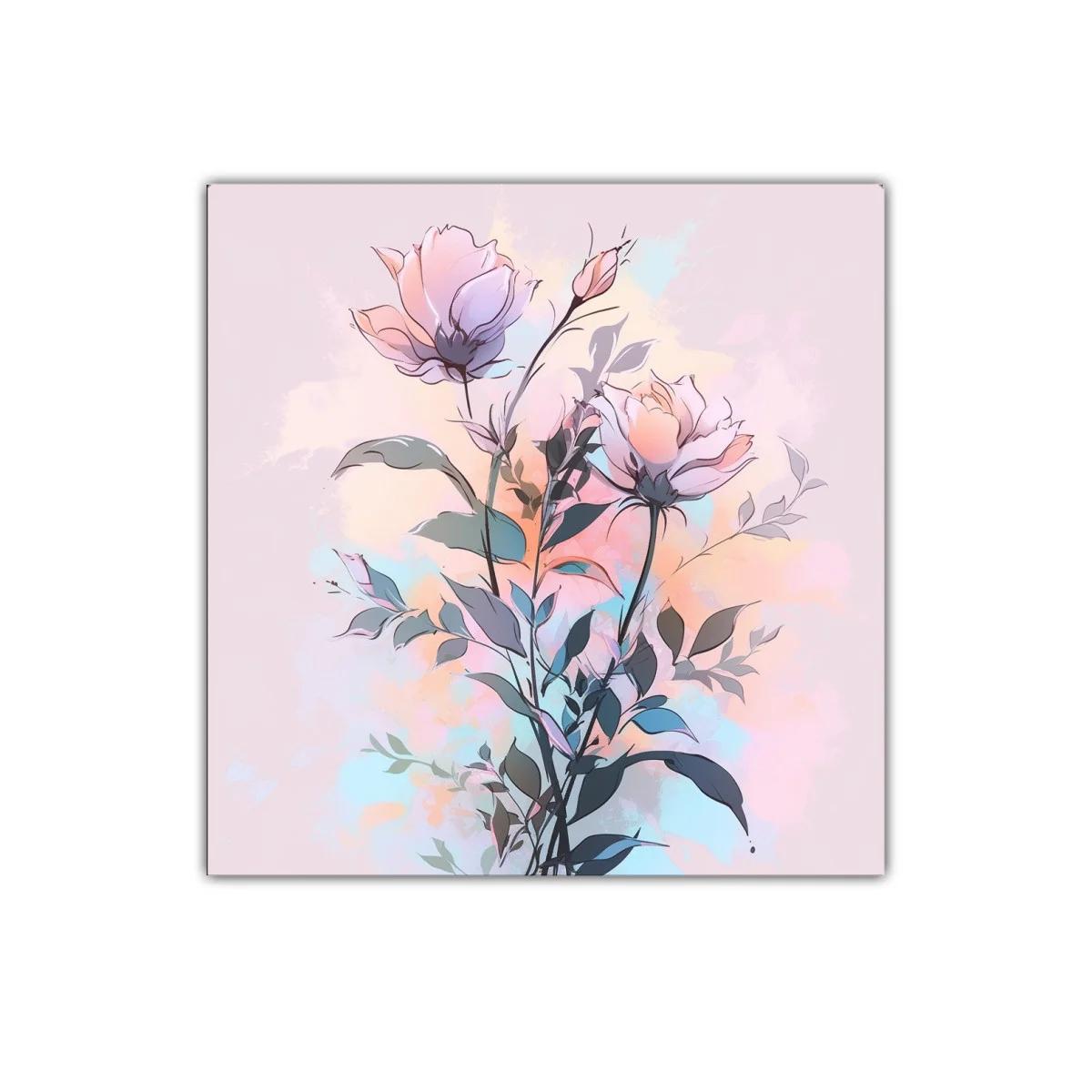 Cuadro decorativo con delicadas flores pastel y follaje