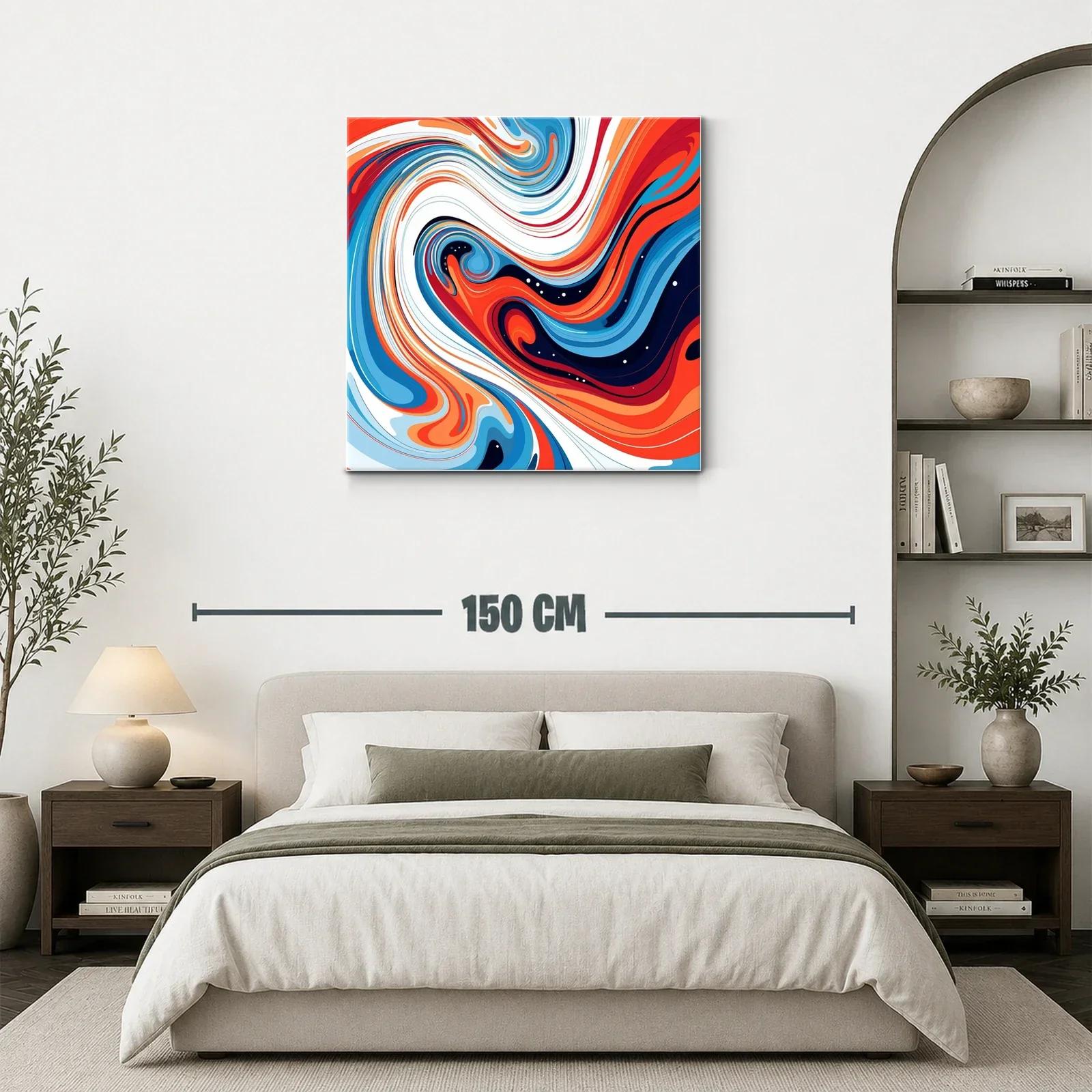 Cuadro abstracto con remolinos en tonos azul y naranja vivo — miniatura 3