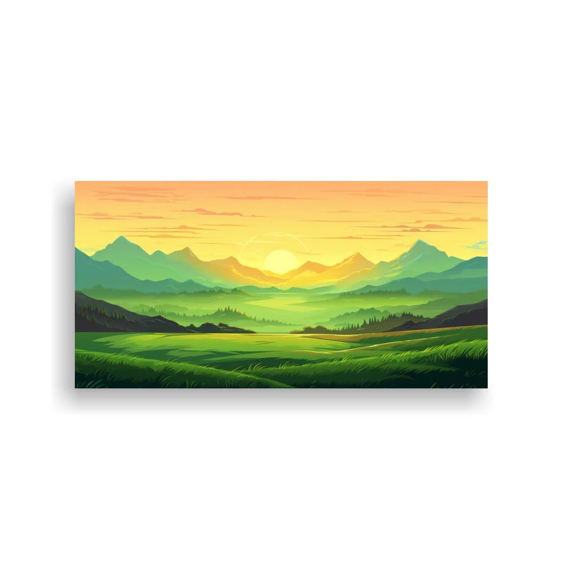 Cuadro paisaje de montañas con pradera ondulada