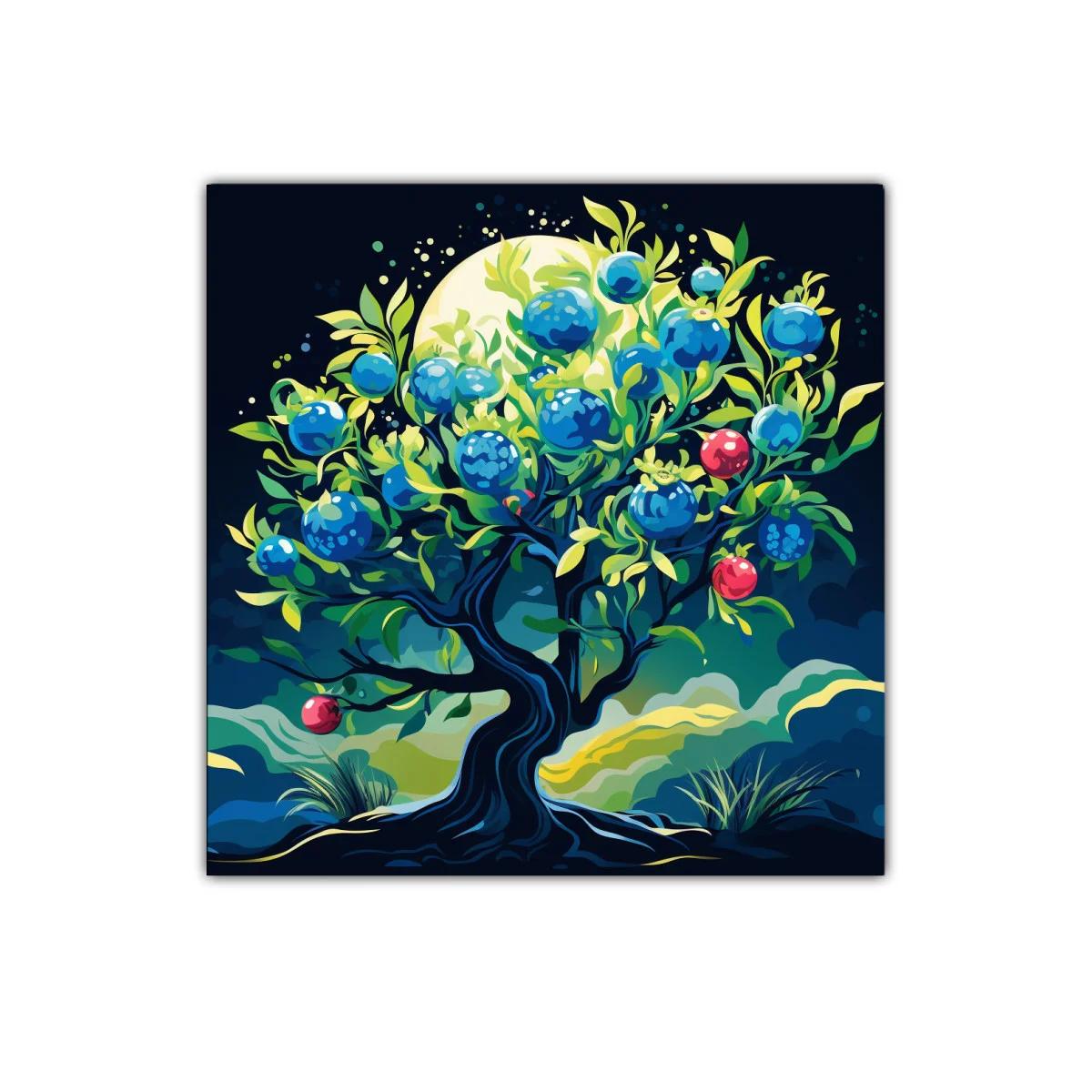 Árbol mágico con frutos azules y rojos en paisaje nocturno