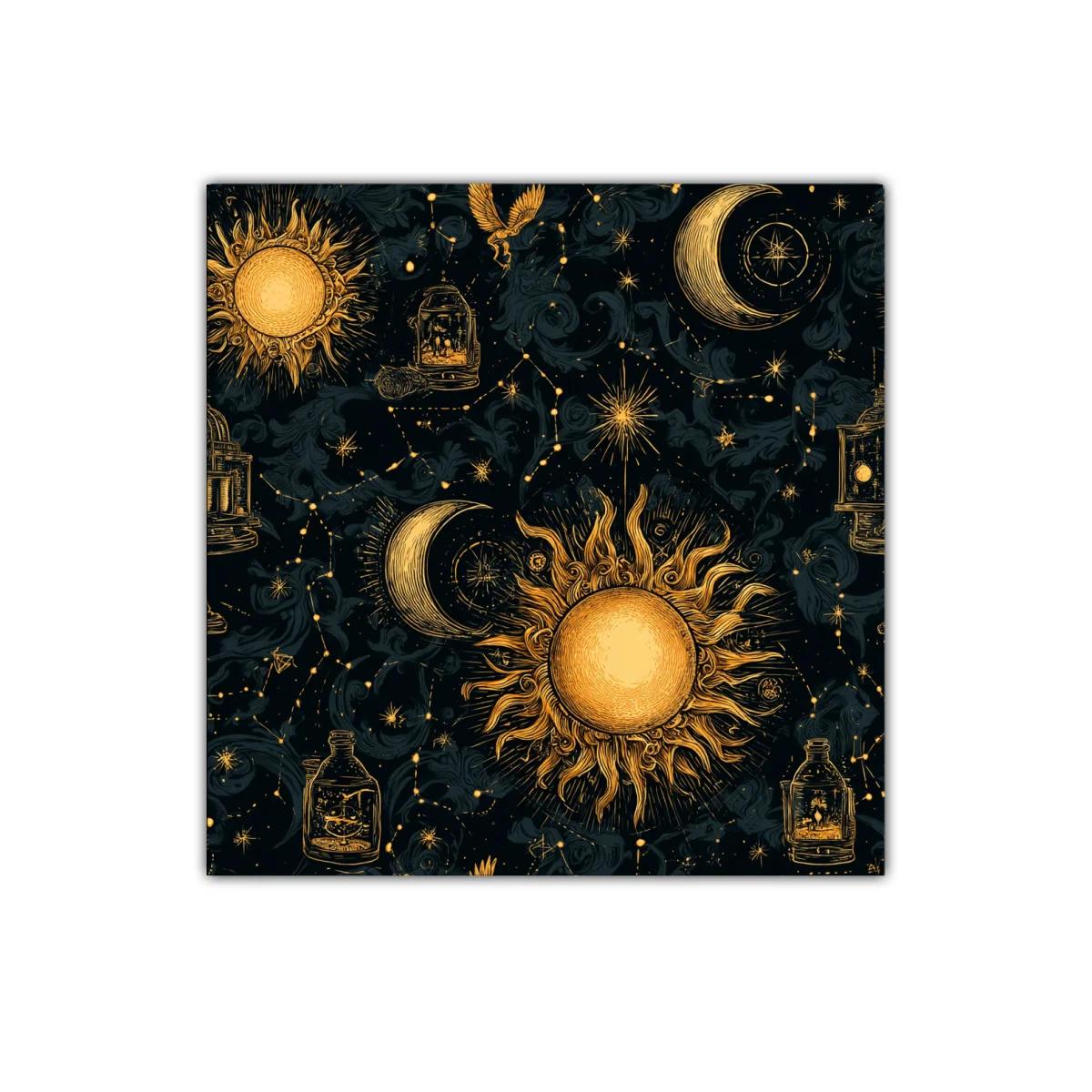 Cuadro celestial con sol y luna en tonos dorados y negros — imagen principal
