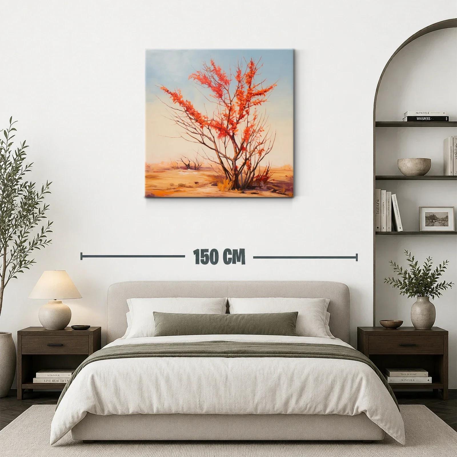 Árbol otoñal con hojas rojas sobre paisaje cálido — miniatura 3