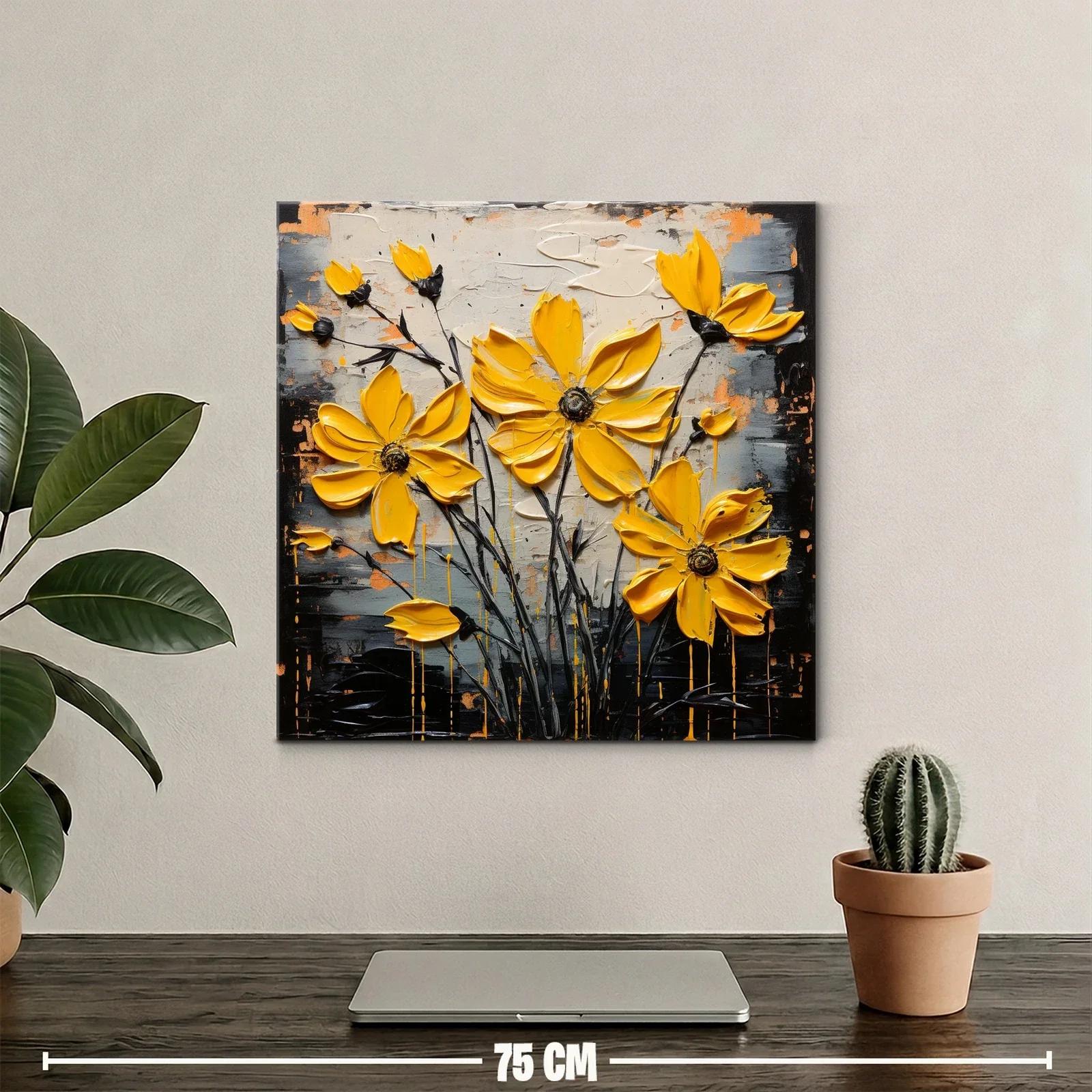 Cuadro moderno con flores amarillas vibrantes y fondo abstracto — miniatura 2