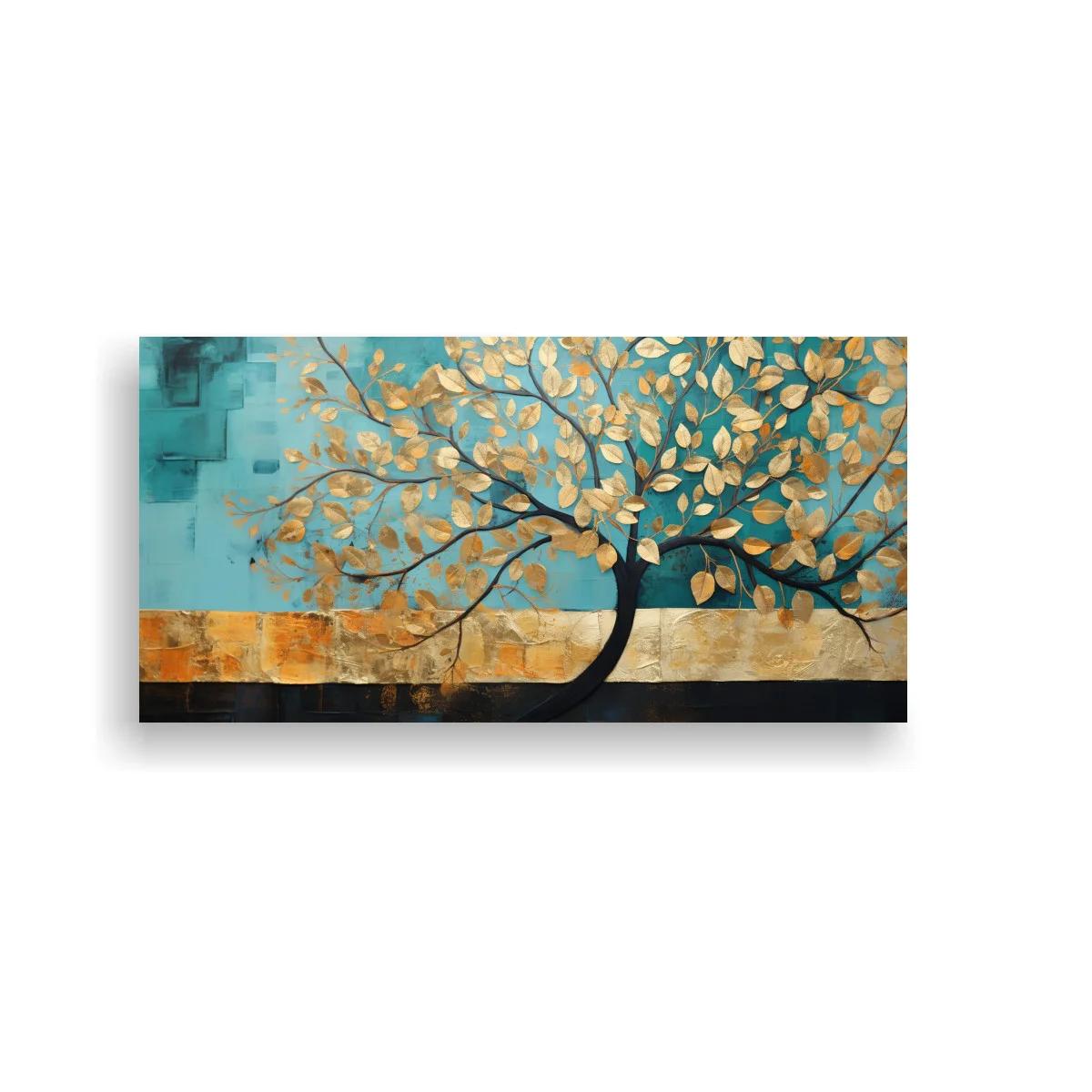 Cuadro árbol de hojas doradas con fondo turquesa y franjas — imagen principal