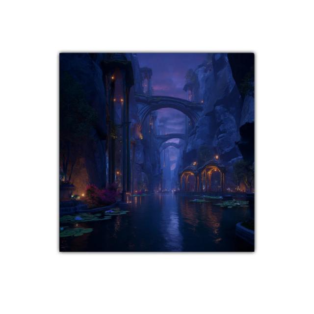 Paisaje nocturno místico en cañón con arcos iluminados