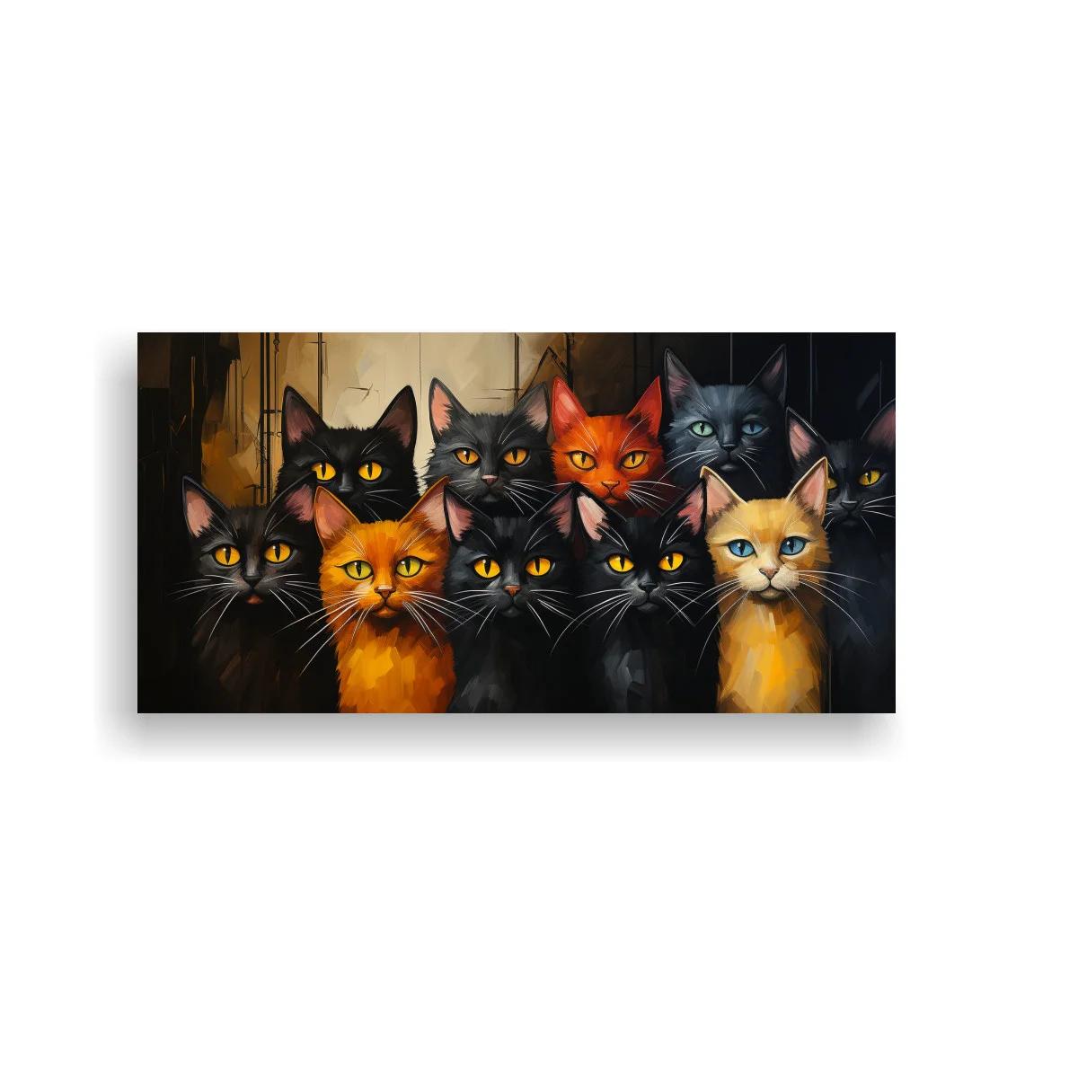 Cuadro grupo de gatos con ojos amarillos y fondo sombrío