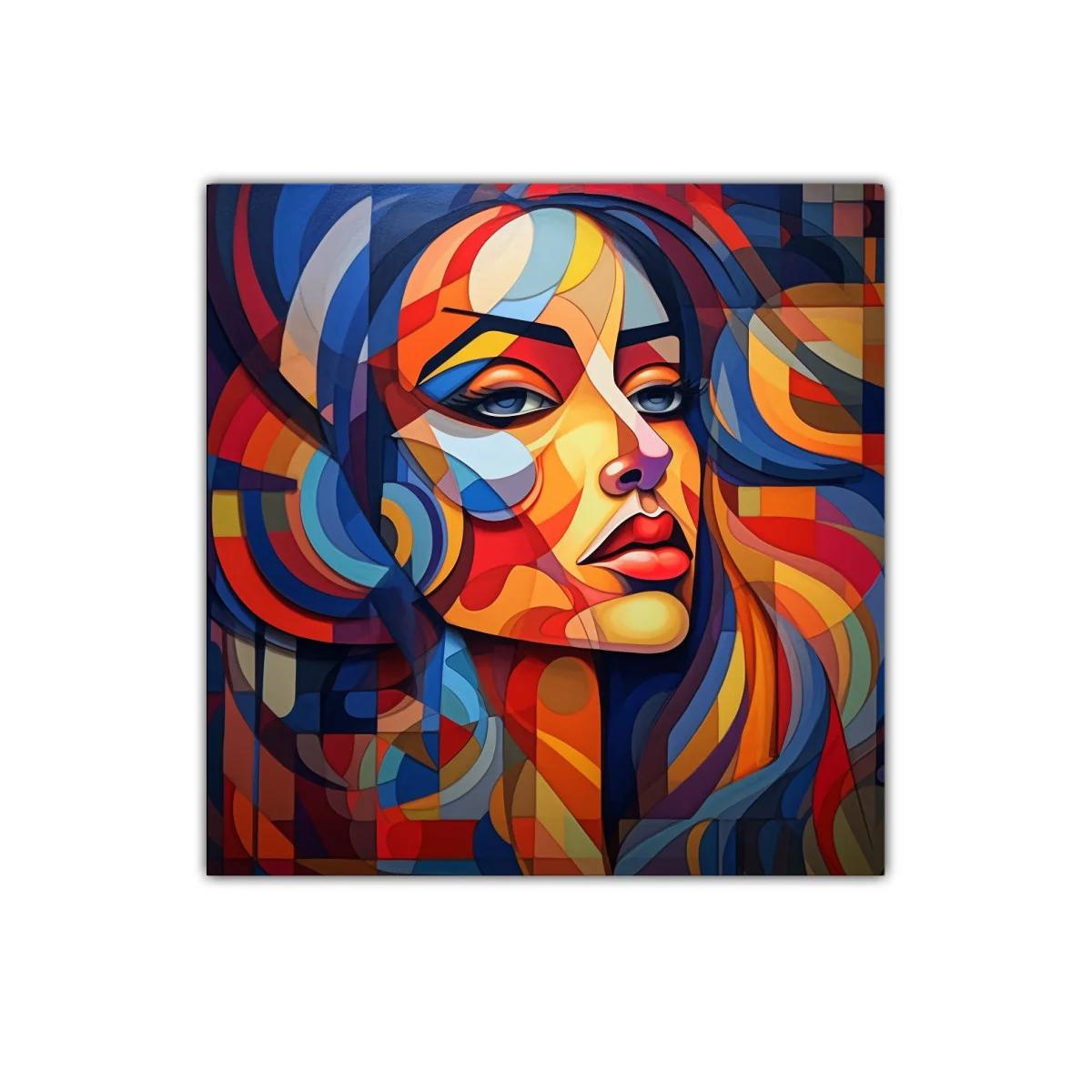 Retrato abstracto vibrante con rostro femenino expresivo