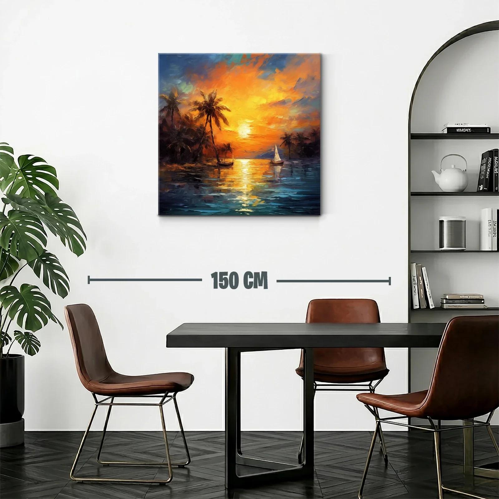 Atardecer tropical con palmeras y barco de vela sobre el mar — miniatura 2