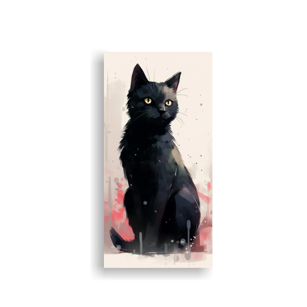 Cuadro gato negro con salpicaduras rosas