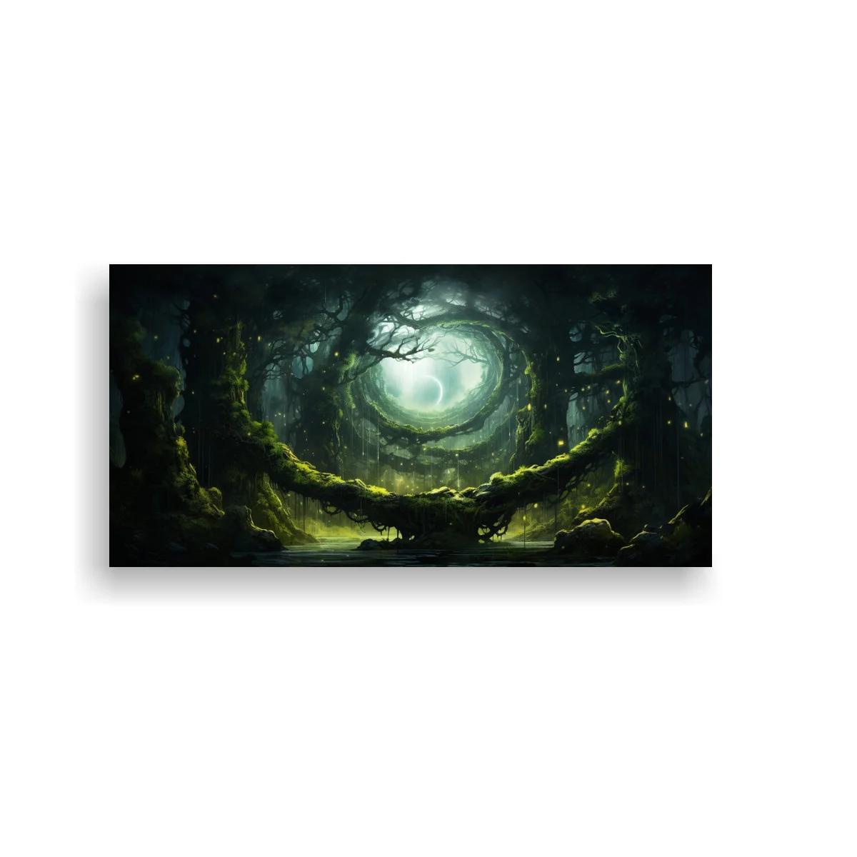 Cuadro bosque encantado con raíces expuestas y claro circular luminoso