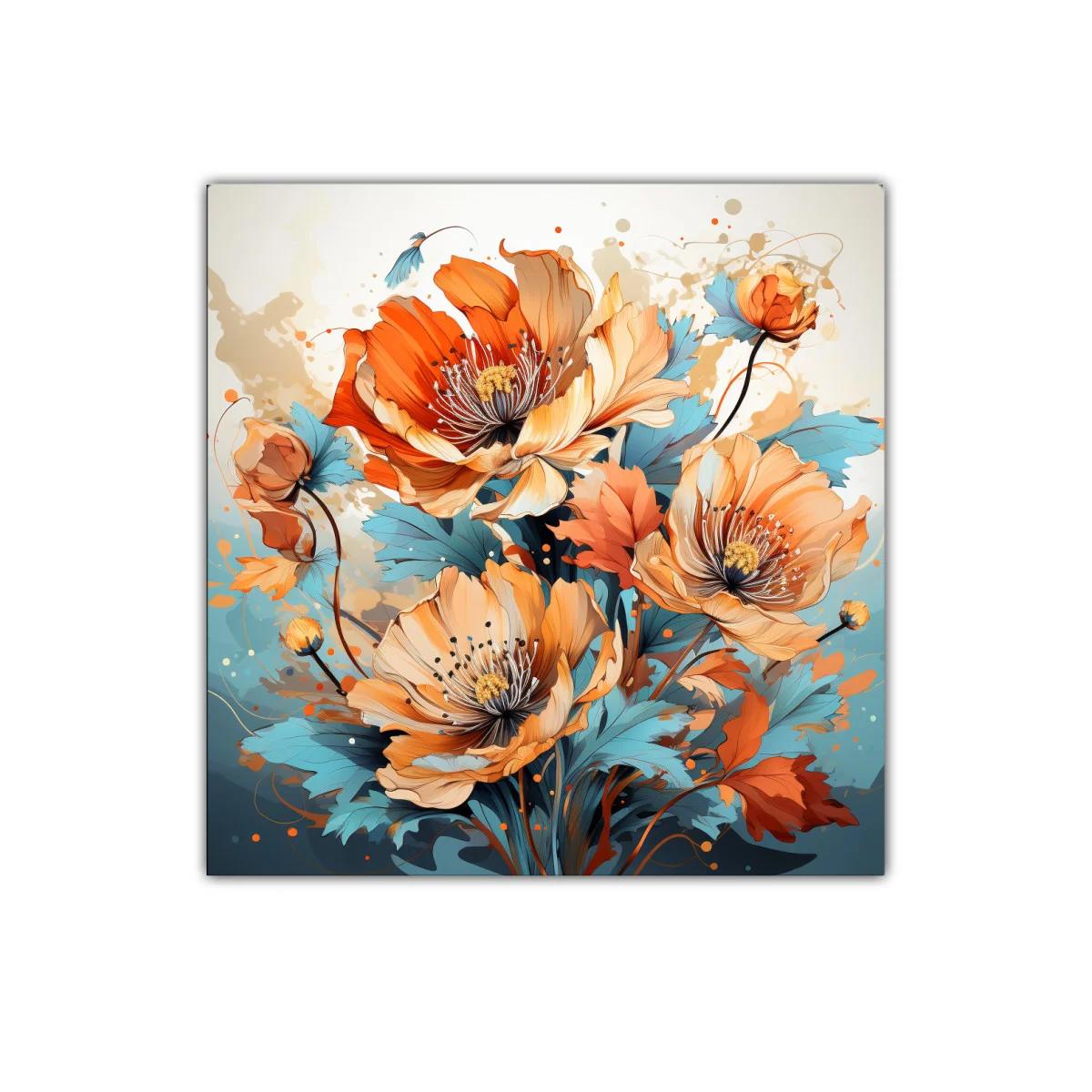 Cuadro decorativo con flores vibrantes y delicadas hojas azules — imagen principal