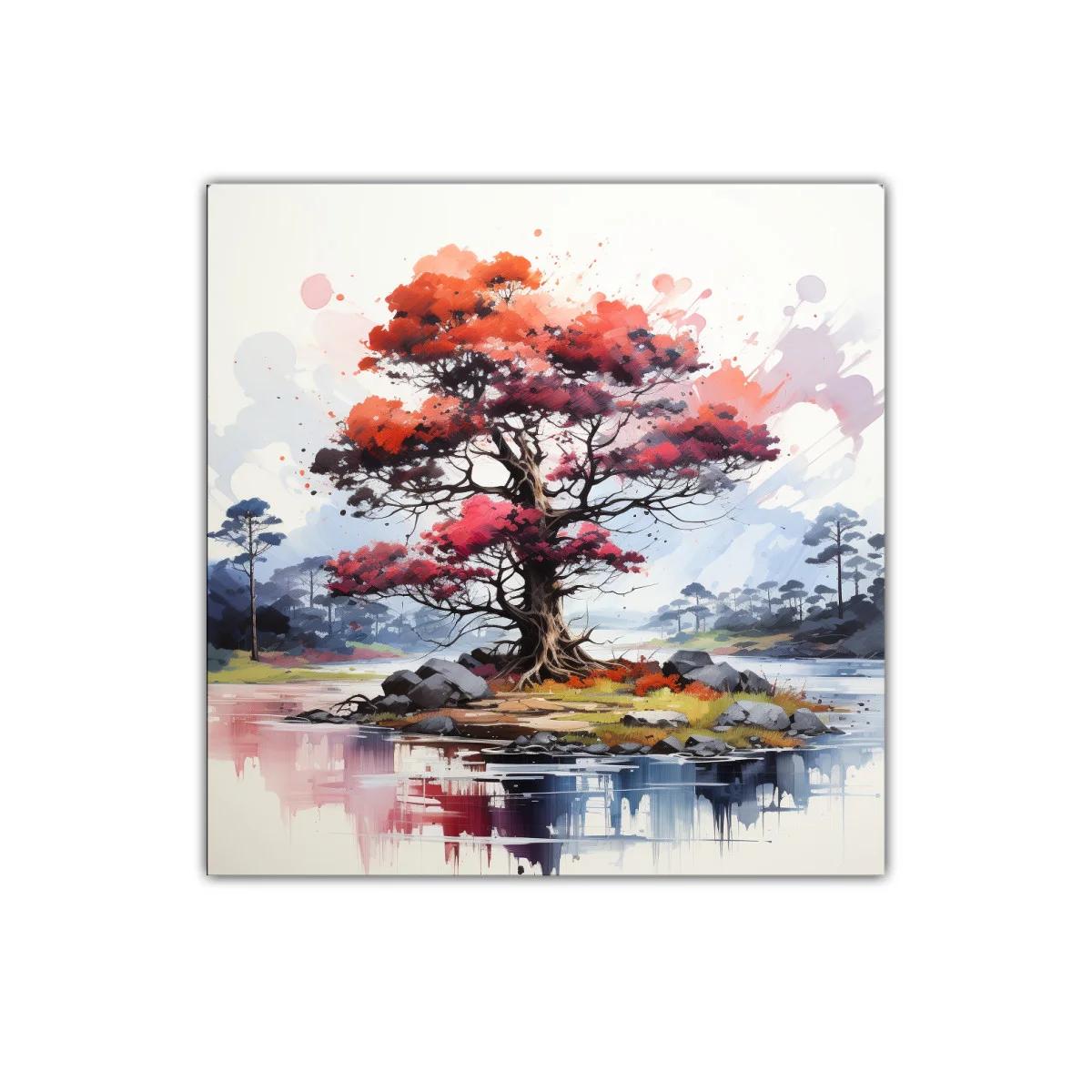 Árbol rojo vibrante en isla serena con reflejos de agua — imagen principal