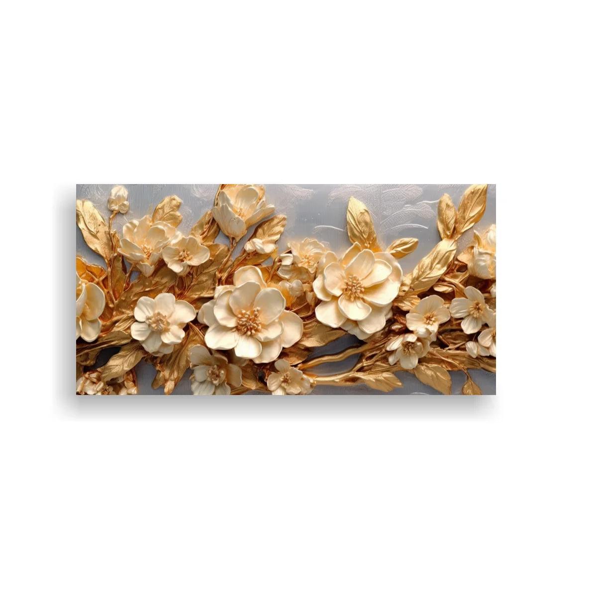 Cuadro flores blancas con hojas doradas en friso floral