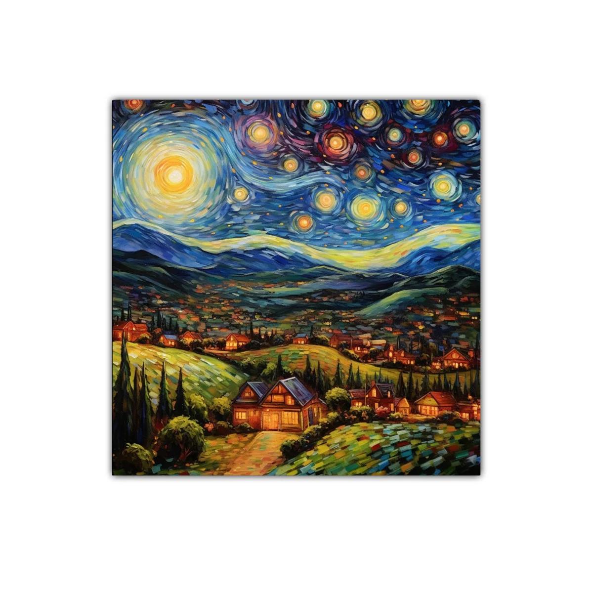 Paisaje Nocturno con Estrellas y Casas Iluminadas