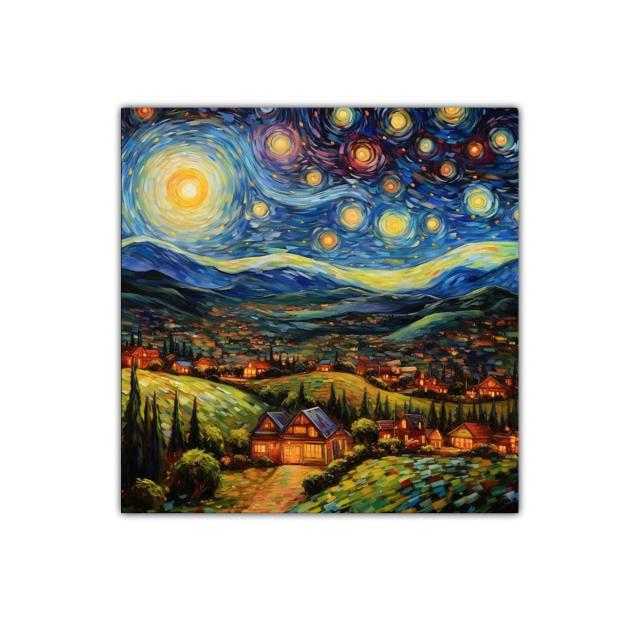 Paisaje Nocturno con Estrellas y Casas Iluminadas