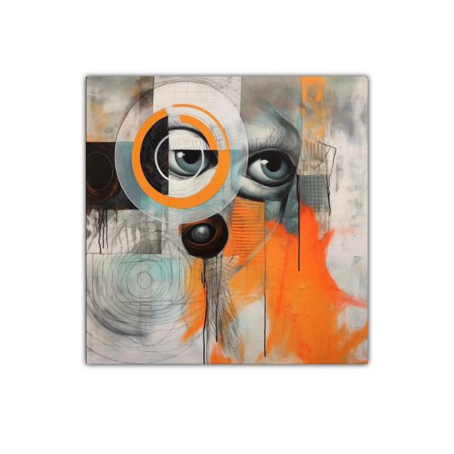 Cuadro abstracto con ojos y detalles geométricos en tonos vibrantes