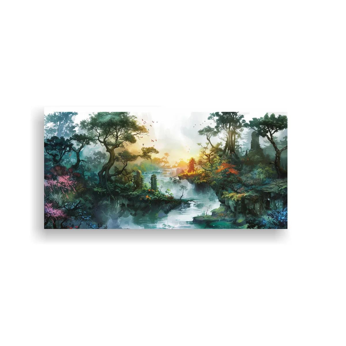 Cuadro paisaje de bosque junto a un río con cascada y neblina