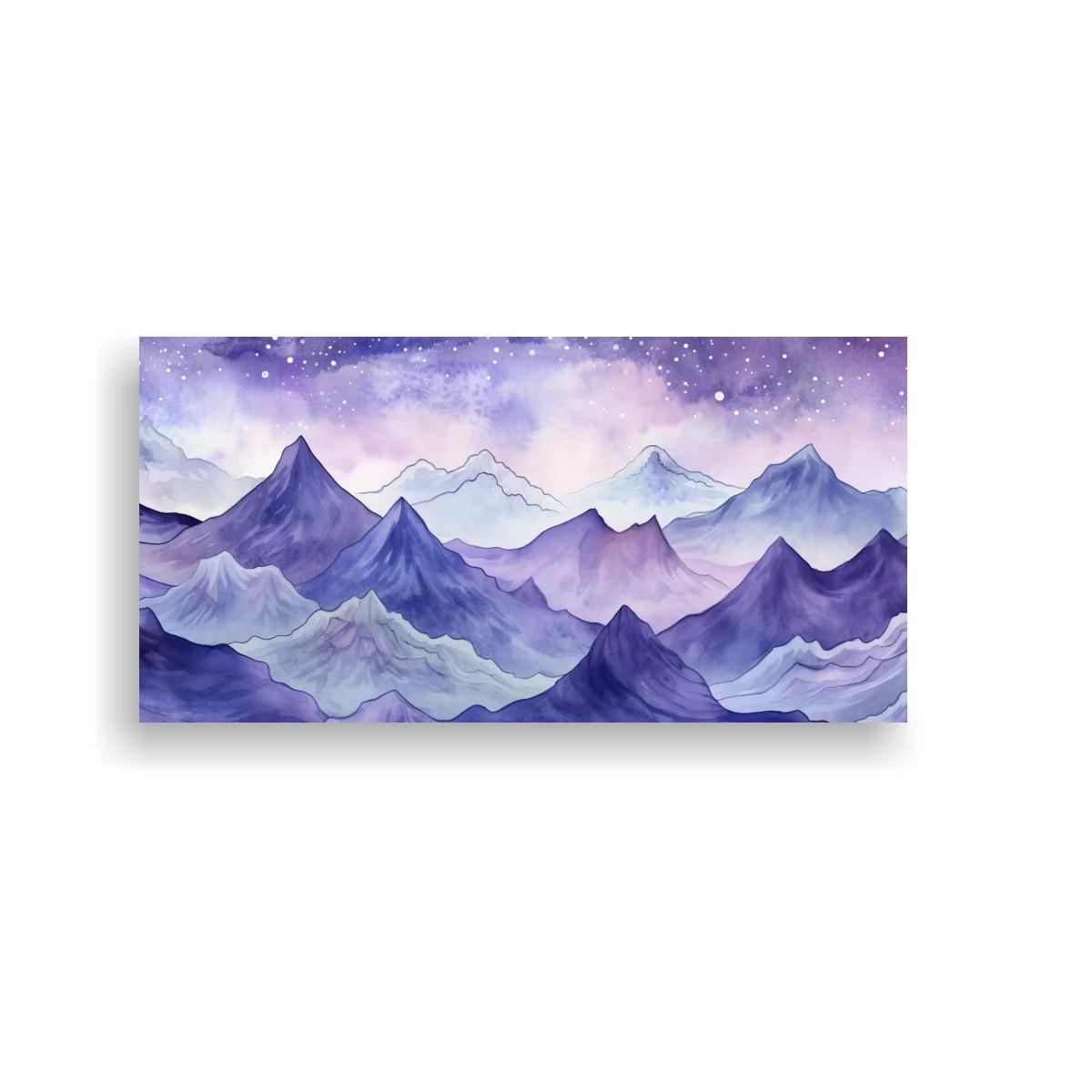 Cuadro cordillera de montañas en tonos violeta y cielo estrellado