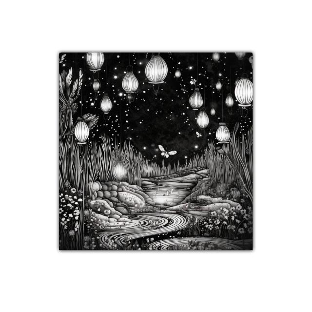 Paisaje nocturno con linternas y mariposas brillantes