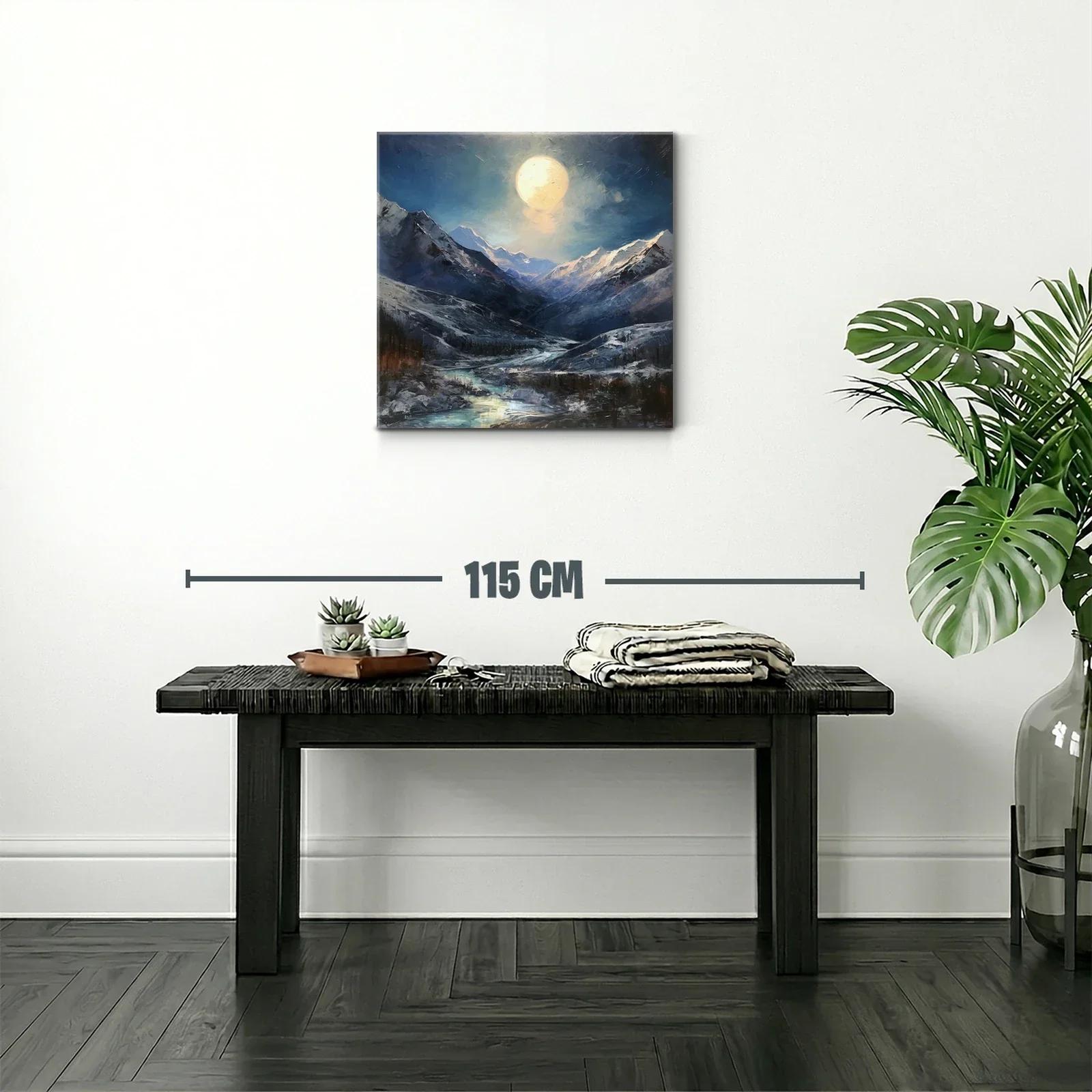 Paisaje nocturno con montañas nevadas y luna llena brillante — miniatura 2