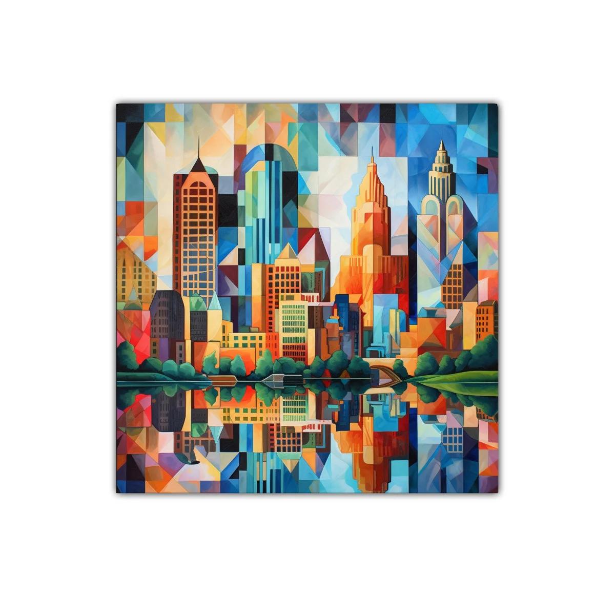Ciudad vibrante con reflejos geométricos y colores vivos — imagen principal