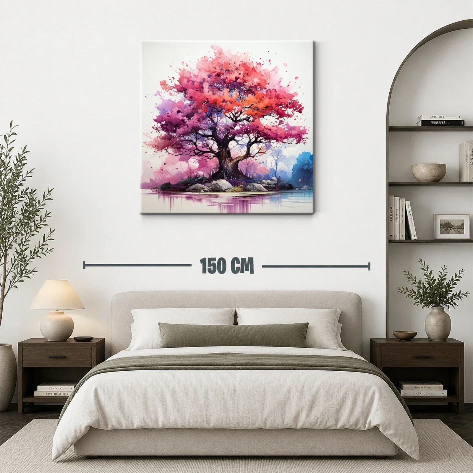 Árbol vibrante con tonos rosas y púrpuras sobre lago tranquilo — miniatura 3