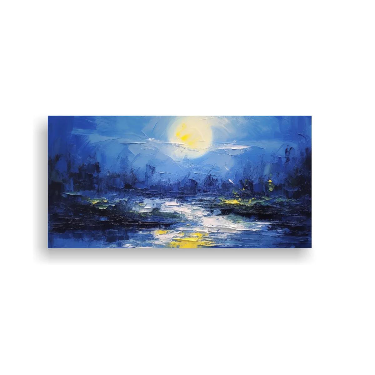 Cuadro paisaje lacustre nocturno con luna y reflejo vertical