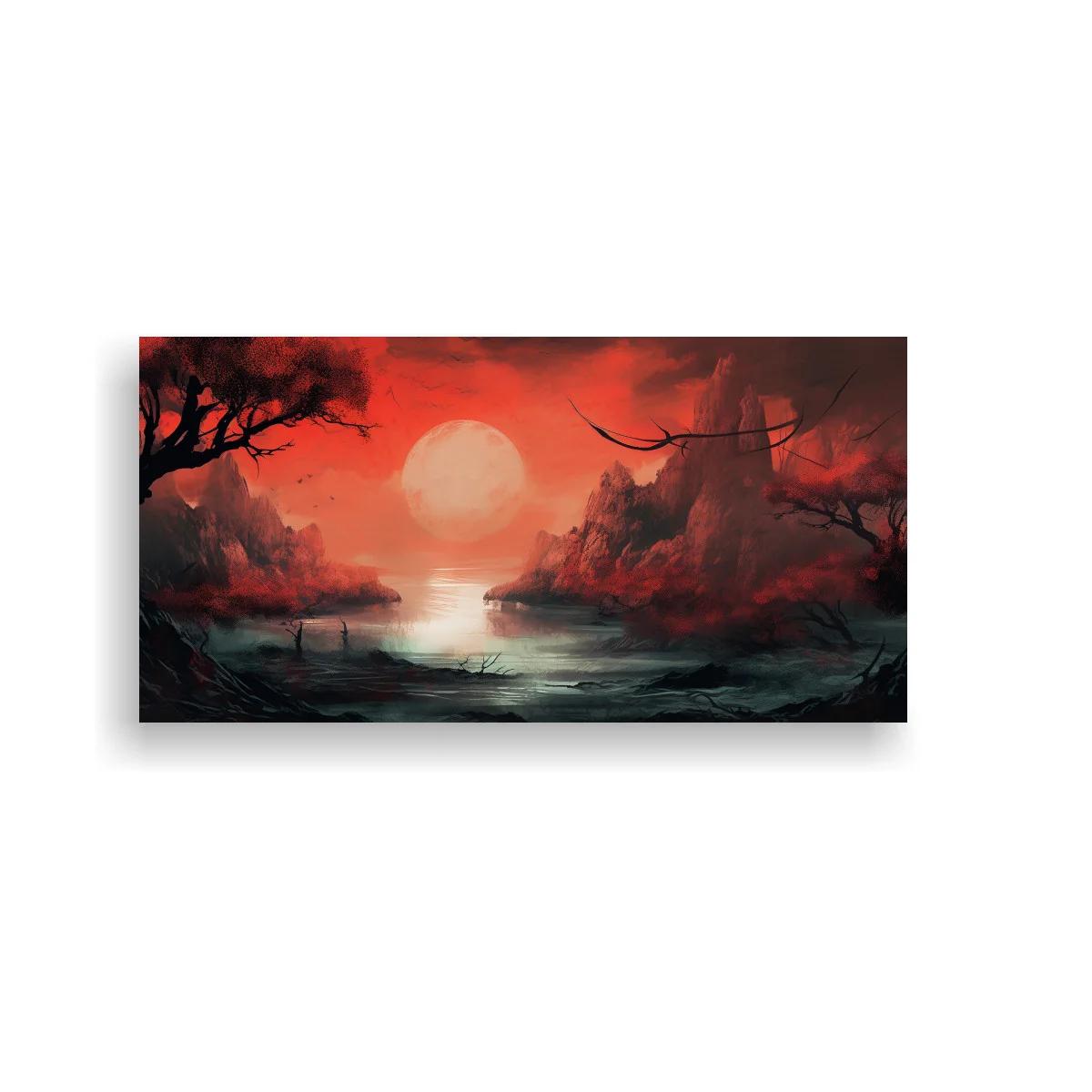 Cuadro paisaje de lago al atardecer con aves volando — imagen principal
