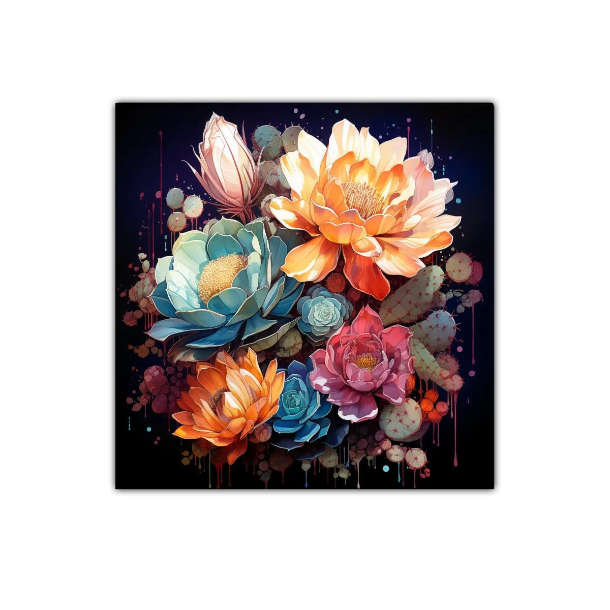 Composición de flores vibrantes con tonos cálidos y fríos