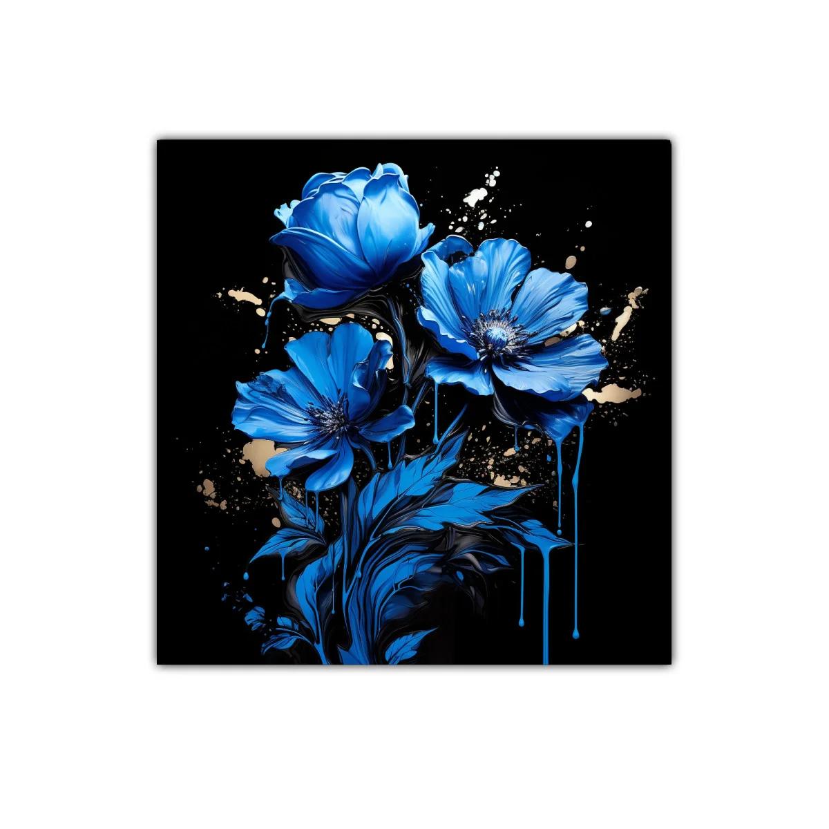 Flores azules vibrantes sobre fondo negro elegante