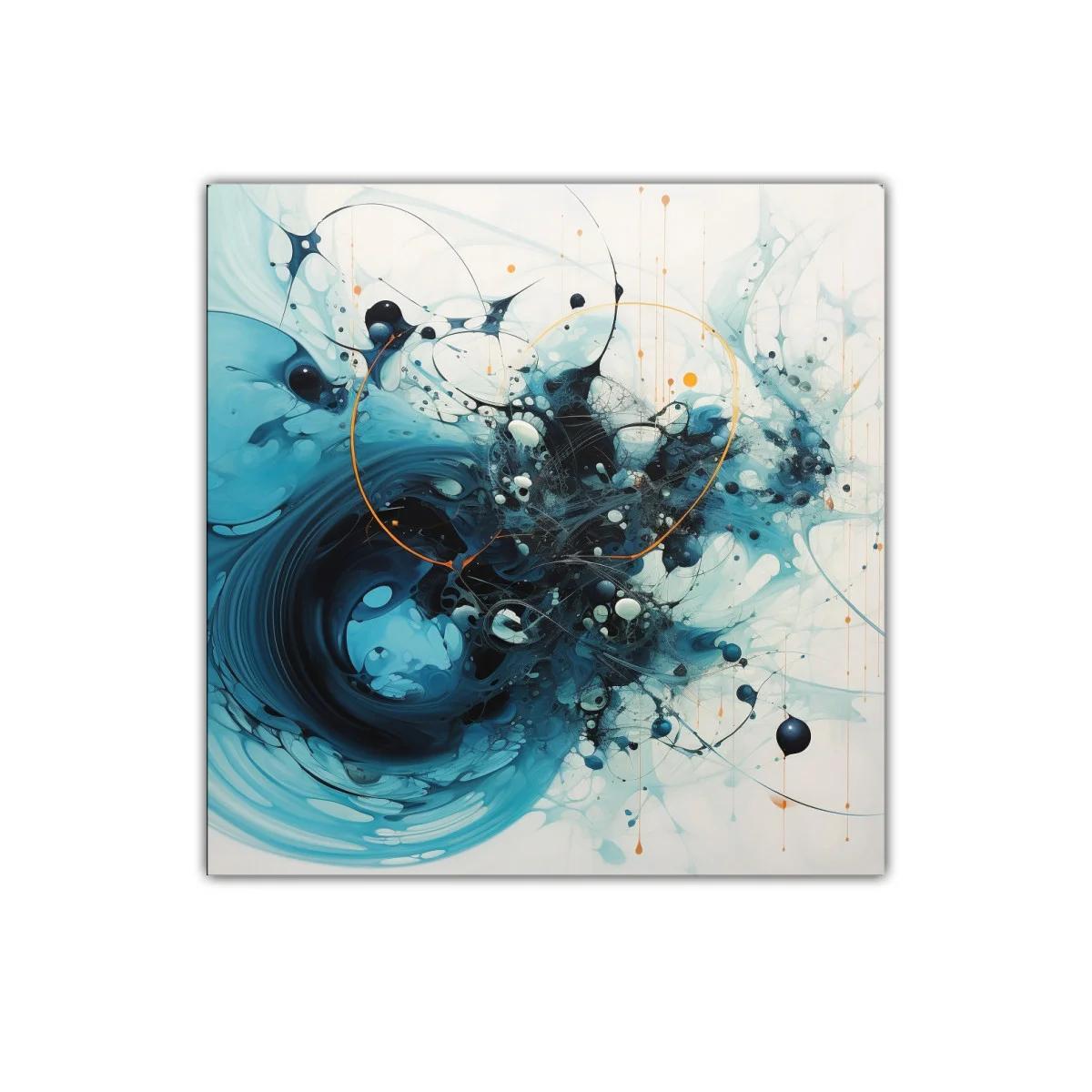 Cuadro abstracto con formas dinámicas en tonos azules y negros