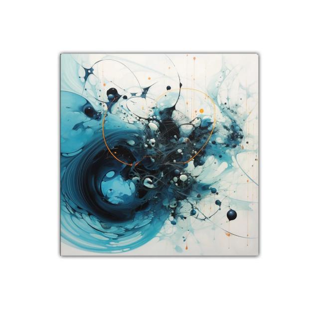 Cuadro abstracto con formas dinámicas en tonos azules y negros