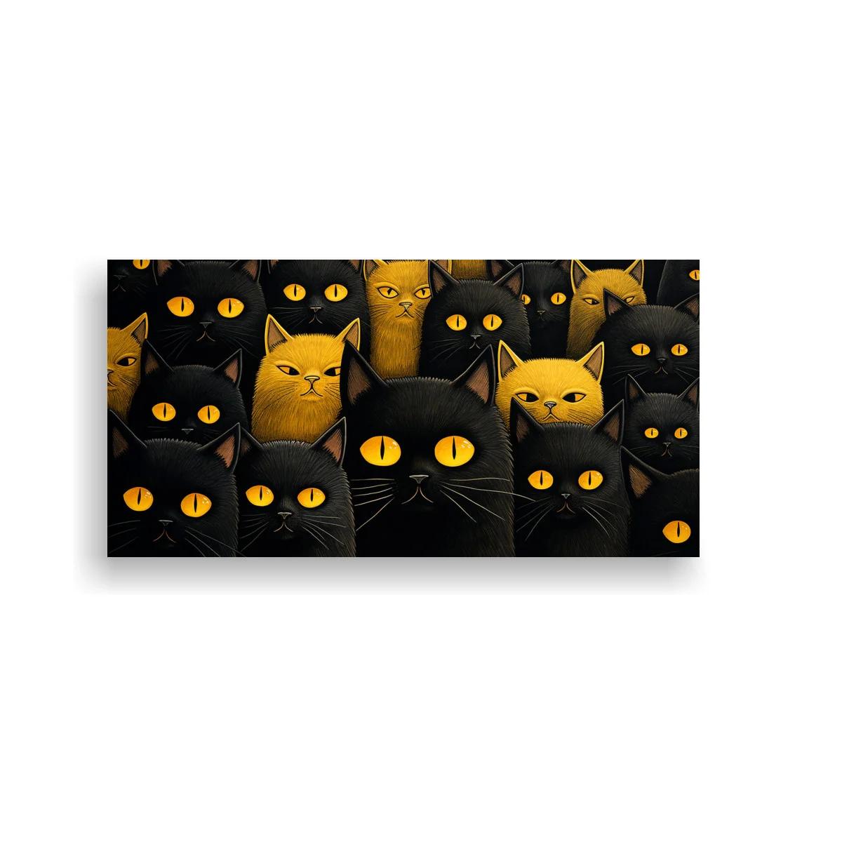 Cuadro grupo de gatos negros y amarillos con miradas frontales
