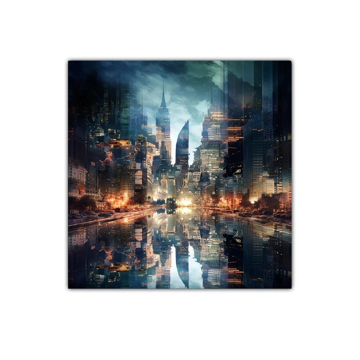 Ciudad futurista reflejada en agua con luces doradas y azules